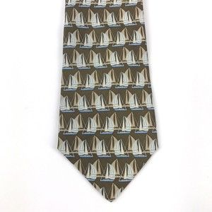 Banana Republic Khaki Brown & Blue Sail Boat Novelty Print Classic Silk Necktie